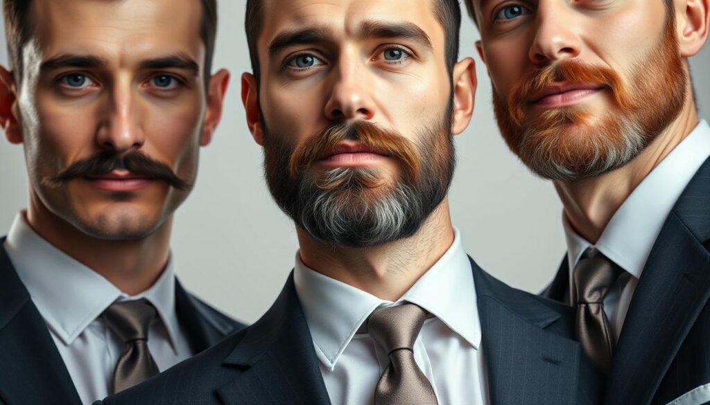 A close-up portrait of three distinguished men showcasing diverse facial hair styles - a clean-shaven look, a well-groomed mustache, and a full beard. They are dressed in sharp, professional attire - tailored suits, crisp dress shirts, and silk neckties. The lighting is soft and flattering, accentuating the texture of their skin and the form of their features. The background is a simple, neutral tone, allowing the focus to remain on the men and their grooming choices. The overall mood is one of confidence, authority, and modern, masculine elegance.
