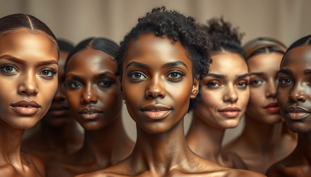 A detailed close-up of diverse human skin undertones in a flattering, well-lit studio setting. The foreground features an array of skin tones ranging from fair to deep, displayed in a harmonious color palette. The middle ground showcases the subtle warm and cool hues, highlighting the unique character of each complexion. The background is a softly blurred, neutral backdrop that allows the skin tones to take center stage. Soft, diffused lighting from multiple angles creates a radiant, high-quality look, emphasizing the natural beauty and diversity of the subjects. The overall mood is elegant, inviting, and designed to showcase the most flattering aspects of the skin.