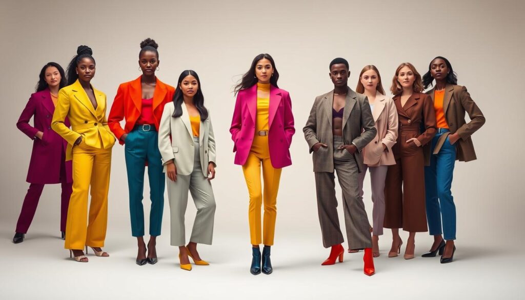 A stylized fashion editorial showcasing color psychology outfit examples. In the foreground, a diverse group of models pose confidently in vibrant, carefully coordinated outfits. Their expressions convey a sense of self-assurance and poise. The middle ground features a minimalist studio setting with soft, directional lighting that highlights the dynamic colors and textures of the clothing. The background is a clean, muted palette that allows the outfits to take center stage. The overall atmosphere is one of sophistication, creativity, and an understanding of how color choices can powerfully influence perceptions and boost personal branding.