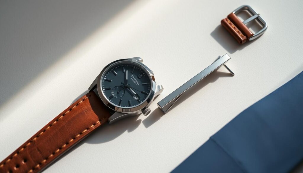A well-lit, high-resolution close-up photograph of men's professional attire accessories, including a classic analog wristwatch with a leather strap and a sleek silver tie bar, set against a neutral background with soft shadows and gentle highlights to emphasize the textures and details. The accessories should be arranged in a visually appealing and harmonious composition, conveying a sense of sophistication, elegance, and attention to detail.