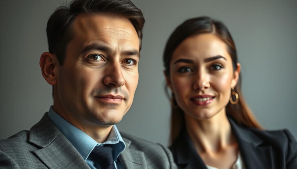 A close-up headshot of a professional man and woman, both dressed in smart business attire, positioned against a softly blurred background. The lighting is soft and diffused, strategically illuminating their faces while minimizing any shadows or glare. The scene captures the perfect balance between natural and artificial light, highlighting their features without harsh contrasts. Reflections in their eyes suggest a connection to the viewer, adding a warm, inviting atmosphere. The camera is positioned at eye level, utilizing a portrait lens to create depth while ensuring the focus remains on their expressions. The backdrop features muted colors that complement the subjects, reinforcing a modern and professional aesthetic. The overall mood is confident and approachable, suitable for a professional setting.