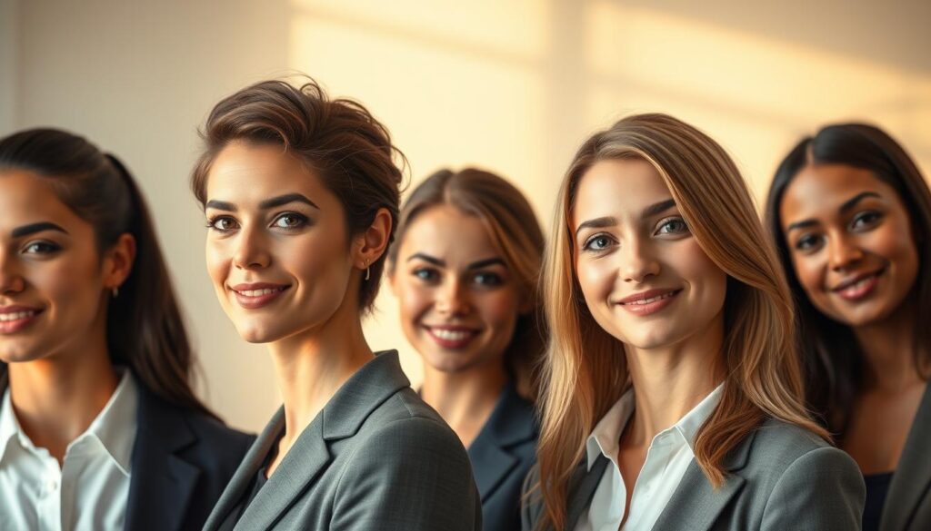 A collection of flattering headshot poses showcasing a diverse range of professional individuals, each dressed in smart business attire. The foreground features three models with various skin tones and hairstyles, angled slightly to their left to highlight their jawlines and cheekbones, with warm, soft lighting enhancing their features. The middle of the image includes subtle variations in expressions, from confident smiles to approachable looks, emphasizing warmth and professionalism. The background is softly blurred with a gradient of light, creating an inviting and polished atmosphere. The overall composition captures the essence of modern professional headshots, focusing on the most flattering angles and lighting techniques that highlight the subject’s best attributes.