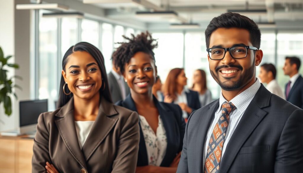 A contemporary office setting featuring diverse professionals posing for updated headshots, emphasizing current trends in career advancement. The foreground showcases two individuals: one Black woman in a tailored blazer, confidently smiling, and one Hispanic man wearing a patterned tie, looking approachable. In the middle, a group of coworkers of different ethnicities are engaged in conversation, suggesting a collaborative environment. The background features a modern office space with large windows allowing natural light to flood in, creating a bright and inviting atmosphere. The lighting is soft yet professional, highlighting the subjects’ features. A shallow depth of field enhances focus on the individuals while blurring the office surroundings. The overall mood conveys professionalism, confidence, and a forward-thinking approach to career development. A contemporary office setting featuring diverse professionals posing for updated headshots, emphasizing current trends in career advancement. The foreground showcases two individuals: one Black woman in a tailored blazer, confidently smiling, and one Hispanic man wearing a patterned tie, looking approachable. In the middle, a group of coworkers of different ethnicities are engaged in conversation, suggesting a collaborative environment. The background features a modern office space with large windows allowing natural light to flood in, creating a bright and inviting atmosphere. The lighting is soft yet professional, highlighting the subjects’ features. A shallow depth of field enhances focus on the individuals while blurring the office surroundings. The overall mood conveys professionalism, confidence, and a forward-thinking approach to career development.