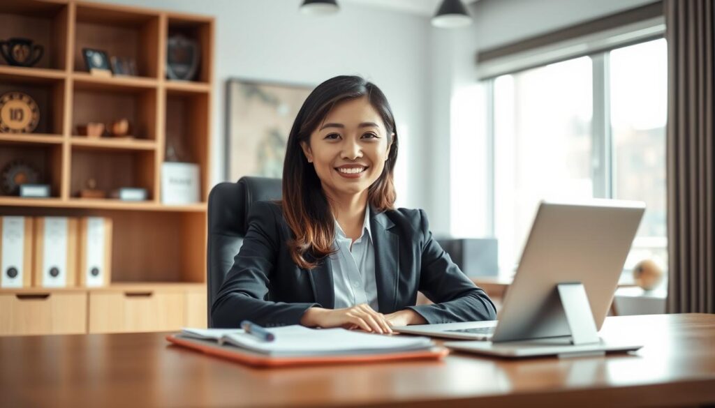 A professional headshot featuring a confident individual in business attire, seated in a well-lit modern office environment. The foreground showcases the subject, a mid-30s Asian woman with a friendly smile and well-groomed hair, looking directly at the camera. In the middle, a sleek wooden desk with a few personal items creates a relatable ambiance, while soft natural light from a nearby window enhances the warmth of the scene. The background includes blurred shelves with professional books and awards, further emphasizing a successful career. The image is captured with a shallow depth of field, using a 50mm lens at eye level to create a polished, approachable look. The overall mood is inviting and professional, perfect for showcasing the importance of a headshot update. A professional headshot featuring a confident individual in business attire, seated in a well-lit modern office environment. The foreground showcases the subject, a mid-30s Asian woman with a friendly smile and well-groomed hair, looking directly at the camera. In the middle, a sleek wooden desk with a few personal items creates a relatable ambiance, while soft natural light from a nearby window enhances the warmth of the scene. The background includes blurred shelves with professional books and awards, further emphasizing a successful career. The image is captured with a shallow depth of field, using a 50mm lens at eye level to create a polished, approachable look. The overall mood is inviting and professional, perfect for showcasing the importance of a headshot update.