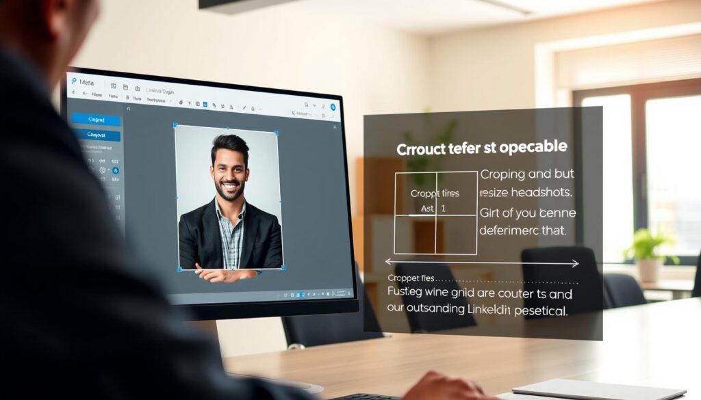 A professional workspace featuring a cropped LinkedIn headshot as the central focus. The foreground showcases a computer screen displaying a photo editing tool with an image of a confident, diverse individual in professional attire—a blazer and shirt. The middle ground includes a semi-transparent overlay showing guidelines for cropping and resizing headshots effectively, with visual indicators like grid lines and suggested dimensions. In the background, a well-organized office setting with soft, natural lighting through a window creates a welcoming atmosphere. The angle emphasizes the screen, drawing attention to the cropping tips while maintaining a bright and inspirational mood, ideal for career advancement. The overall composition is clean and focused, enhancing the viewer's understanding of the cropping techniques for an outstanding LinkedIn presence.