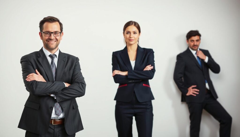 A series of three individuals in professional business attire, each demonstrating common posing mistakes for headshots. In the foreground, a man stands with crossed arms and a forced smile, appearing uneasy. In the middle, a woman tilts her head awkwardly, one hand on her hip, giving an impression of stiffness. In the background, another person poses too close to a wall, creating an awkward angle. The lighting is soft and diffuse, mimicking natural light, enhancing facial features without harsh shadows. The camera angle is slightly above eye level, providing a professional perspective. The mood is light but instructional, emphasizing the importance of relaxed and confident body language.