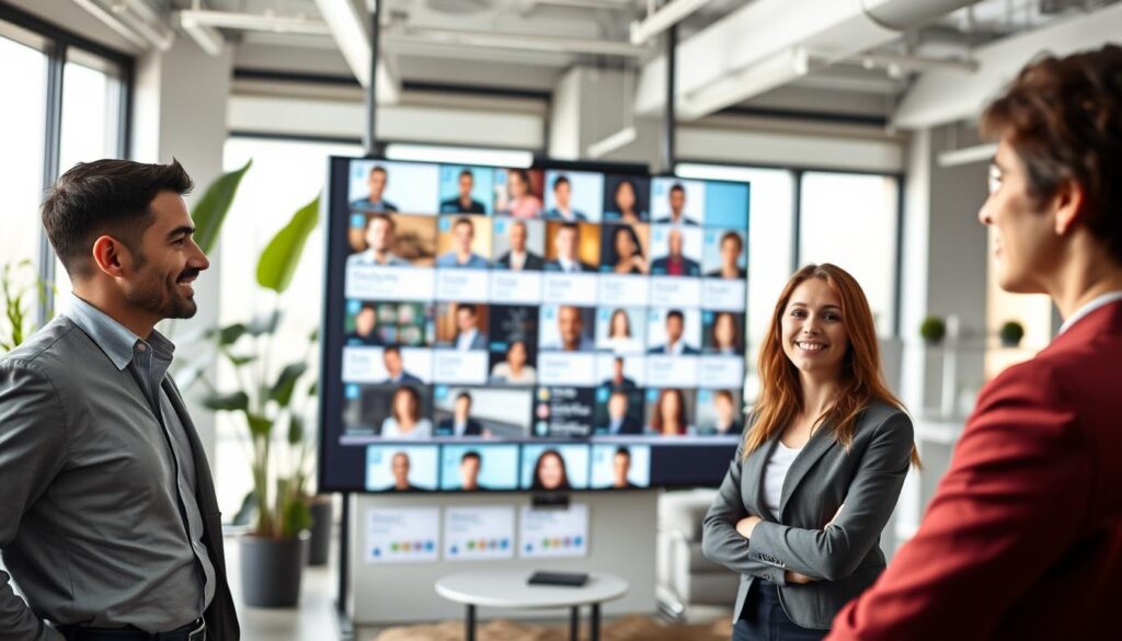 A sleek, modern workspace featuring an array of LinkedIn profile headshots highlighted on a digital display. In the foreground, three professional individuals dressed in business attire are engaged in conversation, showcasing diverse backgrounds and expressions of confidence. The middle layer includes a large screen with a grid layout of various LinkedIn profiles, some showcasing crisp headshots against neutral backgrounds, emphasizing professionalism. In the background, soft-focus elements of a stylish office environment with plants and contemporary furniture create a welcoming atmosphere. The lighting is bright and even, simulating natural daylight pouring in through large windows, enhancing the clarity of the faces. The mood is inspirational and dynamic, encouraging viewers to consider the impact of a polished headshot on professional networking.