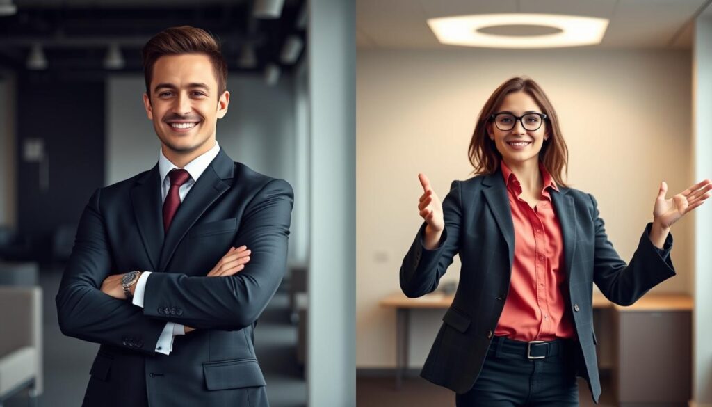 A split image showcasing "Classic vs. Creative Body Language Poses" for headshots. In the foreground, a well-dressed individual in a formal suit poses with a confident, traditional stance—arms crossed and a calm smile, conveying professionalism. On the opposite side, another person is dressed in smart casual attire, striking a dynamic, creative pose with an open posture and an engaging expression, suggesting approachability and creativity. The middle ground features soft, diffused lighting that highlights the contrasts between the two styles. In the background, a neutral office environment enhances the professionalism of the classic pose while maintaining an inspiring atmosphere for the creative side. The overall mood is one of balance between traditional and innovative, perfect for illustrating the duality in body language for effective headshots.