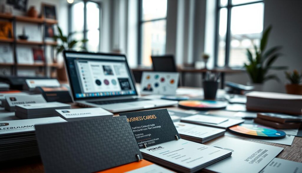 A stylish workspace filled with an array of diverse business cards, showcasing various design elements and tips. In the foreground, a close-up of a few business cards with unique layouts, textures, and color schemes, emphasizing professionalism and creativity. In the middle, a soft-focus laptop displaying design software with open templates and a color palette beside it, illustrating the design process. In the background, a bright, well-lit office environment with natural light filtering through a modern window, creating an inviting atmosphere. The mood is innovative and inspiring, encouraging creativity in business card design while maintaining a sense of professionalism. The scene should highlight the importance of visual appeal and clarity in creating memorable business cards.