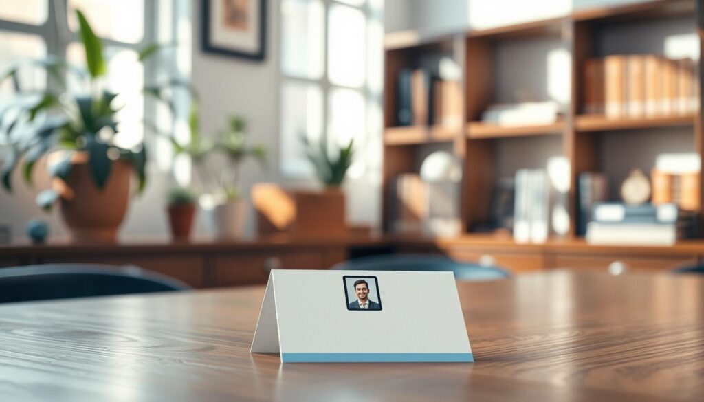 A well-composed scene showcasing a business card with a professional photo positioned for networking purposes. In the foreground, focus on a sleek, modern business card lying on a wooden desk with a sharp, framed headshot of a business professional in business attire, such as a suit and tie. The middle layers include a blurred background of an elegant office setting, featuring soft-focus plants and shelves with books, creating a warm and inviting atmosphere. Use natural sunlight streaming through a window to cast gentle shadows, emphasizing the textures and colors of the card and photo. Capture this from a slightly elevated angle, highlighting the photo's placement and the card’s edges for clarity and sophistication. The overall mood should be professional, inspiring, and conducive to networking.