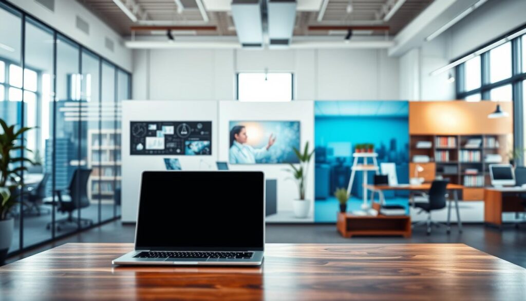 A collection of industry-specific backdrops for corporate branding. In the foreground, include a polished wooden desk with a sleek laptop and professional business attire blurred to imply a subject preparing for a headshot. The middle ground features distinct backdrops representing various sectors: a modern corporate office with glass panels for corporate branding, a tech-inspired workspace with digital screens showcasing innovative designs, a calming healthcare setting with soft blue walls and plants, a vibrant creative space filled with art supplies and bright colors, and a classic legal office with dark wood furniture and law books. The background should seamlessly blend these elements, creating an inspiring atmosphere with natural light streaming in. Use a soft-focus lens effect to enhance professionalism, aiming for an elegant and inviting mood.