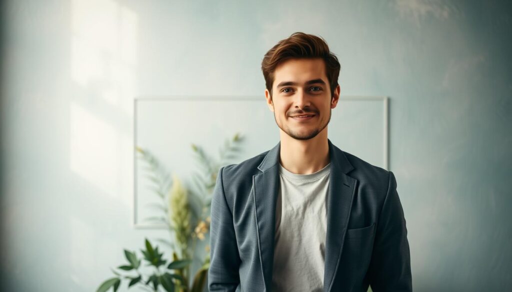 A creative professional headshot backdrop featuring a textured wall with soft, muted colors in shades of teal and beige, creating a calm yet inspiring atmosphere. In the foreground, a person in smart casual attire, such as a fitted blazer over a plain shirt, stands slightly off-center, looking approachable and confident. The middle ground emphasizes natural elements, like subtle greenery or artistic decor, enhancing the creative vibe. The lighting is soft and diffused, simulating natural daylight, casting gentle shadows to highlight facial features. The camera angle is slightly elevated, capturing the subject's gaze and personality, while maintaining a balanced composition that conveys professionalism and creativity. The mood is warm and inviting, perfect for showcasing individuality in a creative context. A creative professional headshot backdrop featuring a textured wall with soft, muted colors in shades of teal and beige, creating a calm yet inspiring atmosphere. In the foreground, a person in smart casual attire, such as a fitted blazer over a plain shirt, stands slightly off-center, looking approachable and confident. The middle ground emphasizes natural elements, like subtle greenery or artistic decor, enhancing the creative vibe. The lighting is soft and diffused, simulating natural daylight, casting gentle shadows to highlight facial features. The camera angle is slightly elevated, capturing the subject's gaze and personality, while maintaining a balanced composition that conveys professionalism and creativity. The mood is warm and inviting, perfect for showcasing individuality in a creative context.