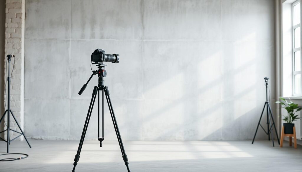 A minimalist photography studio setup featuring a concrete wall texture as the backdrop. In the foreground, an elegant, simple tripod stands, supporting a professional camera with a zoom lens, capturing the scene. The middle section showcases a smooth, industrial-grade concrete wall with subtle variations in texture and shade, creating a visually interesting yet understated effect. Soft, diffused natural light streams in from a large window, illuminating the surface and casting gentle shadows. In the background, minimal props are arranged thoughtfully to enhance the idea of thoughtful budget choices, featuring affordable materials that contrast with the high-impact look of the backdrop. The atmosphere is calm and focused, evoking a sense of professionalism and creativity.