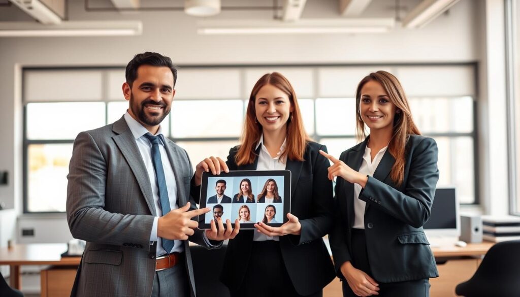 A modern, professional workspace with a well-organized desk as the background. In the foreground, a diverse group of three individuals, one male and two females, dressed in smart business attire, demonstrate key tips for selecting the right CV photo. They are engaged in a discussion, pointing to a digital tablet displaying exemplary CV photos. The lighting is bright and even, coming from large windows, highlighting their expressions and attire. The scene captures a collaborative and informative atmosphere, conveying a sense of professionalism and approachability. The composition is shot at eye level with a shallow depth of field, focusing on the individuals while softly blurring the desk and background items to emphasize the discussion.
