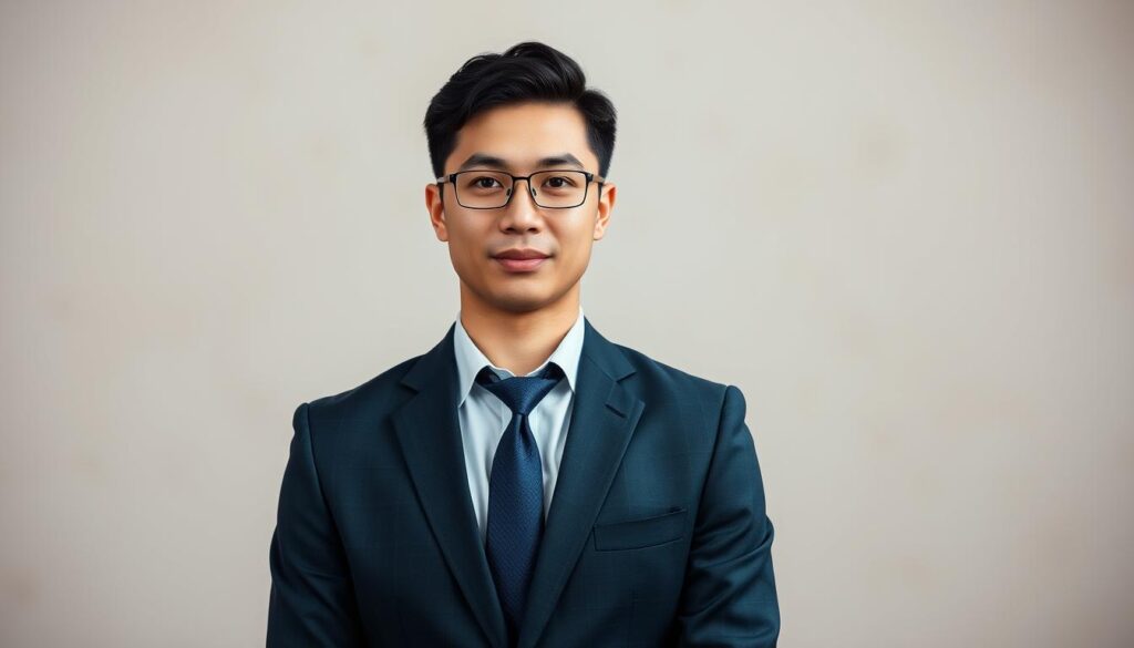 A professional CV photo setting featuring a well-dressed individual in formal business attire, such as a tailored suit and a crisp shirt. The subject stands against a softly blurred, neutral-colored backdrop that adds depth and focus to the person, emphasizing their professionalism. The lighting is soft and diffused, highlighting the subject's face without harsh shadows, creating an inviting atmosphere. The camera angle is straight-on, capturing the subject from the waist up, allowing for a proper view of both their attire and facial expression. The composition carefully frames the subject in a way that suggests a portrait suited for a CV, illustrating ideal sizing and cropping techniques. The overall mood is polished and confident, inspiring trust and competence.