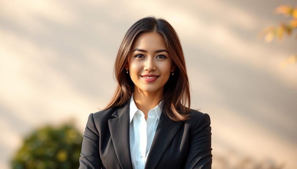 A professional headshot of an individual dressed in smart business attire, standing confidently against a background that reflects seasonal color theory. The background features a harmonious blend of light, medium, and dark colors with subtle gradients, creating a color wash effect that enhances the subject's presence. The lighting is soft and diffused, emulating a natural outdoor setting, with gentle highlights illuminating the subject’s face. The angle is slightly above eye level, providing a flattering perspective. The atmosphere is warm and inviting, showcasing the perfect color palette for personal branding, while ensuring a clean, uncluttered aesthetic. No text or logos are present in the image, maintaining a professional and polished look.