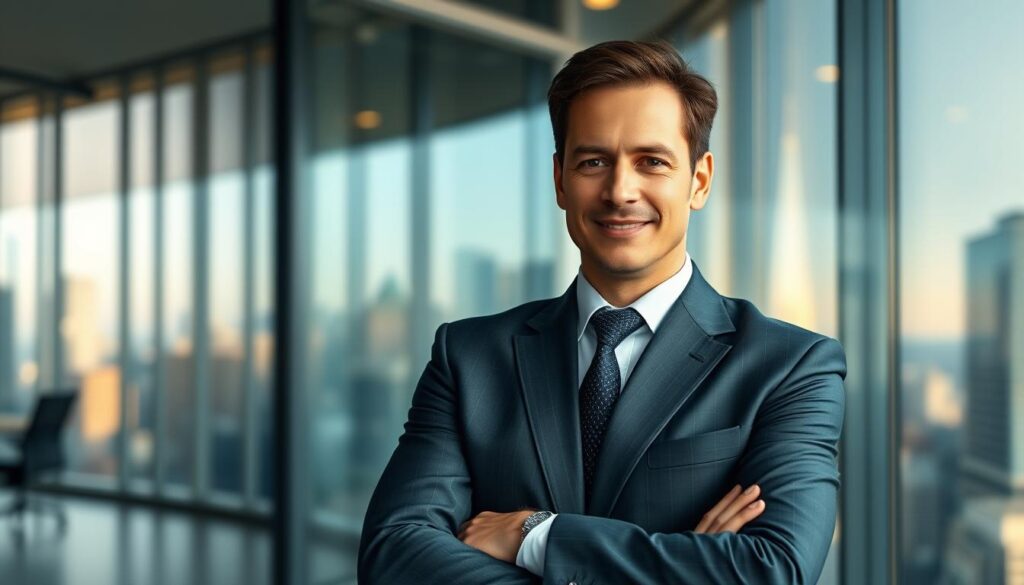 A professional headshot of an individual in a formal business suit, positioned in a sleek finance office with a large glass window showcasing a city skyline in the background. The individual is mid-30s, with a confident expression, exuding professionalism and approachability. Soft, diffused natural light from the window highlights their features, while a slight bokeh effect blurs the background, emphasizing the subject. The camera angle is slightly above eye level to convey authority. The atmosphere is energetic yet sophisticated, mirroring the dynamic nature of the finance industry. The pose is relaxed but confident, with arms crossed or one hand lightly touching the chin, suggesting engagement and thoughtfulness. No text or watermarks are present in the image. A professional headshot of an individual in a formal business suit, positioned in a sleek finance office with a large glass window showcasing a city skyline in the background. The individual is mid-30s, with a confident expression, exuding professionalism and approachability. Soft, diffused natural light from the window highlights their features, while a slight bokeh effect blurs the background, emphasizing the subject. The camera angle is slightly above eye level to convey authority. The atmosphere is energetic yet sophisticated, mirroring the dynamic nature of the finance industry. The pose is relaxed but confident, with arms crossed or one hand lightly touching the chin, suggesting engagement and thoughtfulness. No text or watermarks are present in the image.