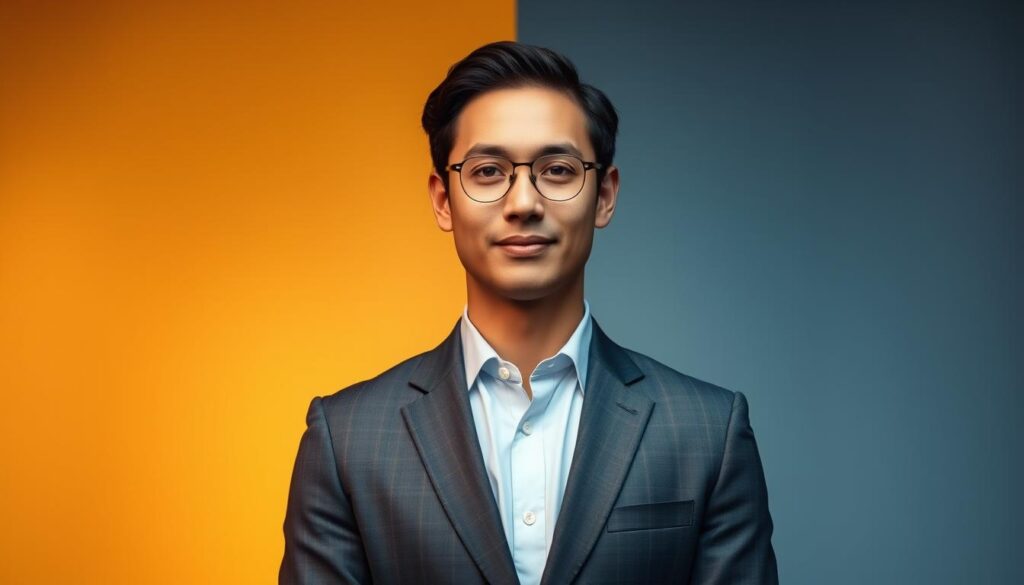 A professional headshot showcasing a split background featuring two contrasting color temperatures: the left side depicts a warm, sunlit backdrop in soft golden tones, exuding a welcoming and friendly atmosphere, while the right side features a cool, crisp backdrop in soft blue and gray hues that convey professionalism and calm. In the foreground, a confident individual dressed in a tailored business suit stands centered. The lighting is even and flattering, highlighting the subject's features with a soft focus effect. The angle of the shot is slightly elevated to emphasize the subject against both backdrops. The overall mood should reflect the duality of color temperature—inviting warmth on one side and serene professionalism on the other—perfectly capturing the essence of choosing the right headshot backdrop.