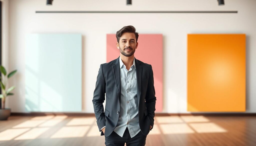 A professional setting showcasing three distinct background harmonies for personal branding: in the foreground, a well-dressed individual wearing a tailored blazer and a stylish shirt, standing confidently with a slight smile. In the middle ground, display three stylish sections: one featuring a solid color wall in a soothing hue, another with a soft gradient transitioning from one color to another, and the third showcasing a gentle color wash, blending subtle tones. The background should feature soft, diffused lighting to create a calm and inviting atmosphere, evoking professionalism and creativity. Use a slight depth of field to keep the focus on the individual and the background options while maintaining a vibrant yet cohesive color palette that reflects branding principles.