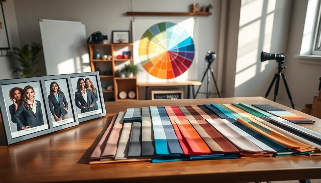 A serene, organized workspace featuring a diverse selection of headshot color palette swatches spread out on a wooden table. In the foreground, several professional photos displayed in frames show individuals of various ethnicities, wearing business attire in flattering colors that correspond to different skin tones and undertones. The middle ground showcases an array of fabric swatches in harmonious colors, neatly arranged by temperature—warm, cool, and neutral. Soft, natural light streams in from a window, casting gentle shadows that create a harmonious, inviting atmosphere. The background displays a large, artistic color wheel and a minimalistic shelf with photography equipment, emphasizing a creative yet professional vibe. The camera angle is slightly elevated, capturing the essence of an inspiring workspace for a headshot session preparation. A serene, organized workspace featuring a diverse selection of headshot color palette swatches spread out on a wooden table. In the foreground, several professional photos displayed in frames show individuals of various ethnicities, wearing business attire in flattering colors that correspond to different skin tones and undertones. The middle ground showcases an array of fabric swatches in harmonious colors, neatly arranged by temperature—warm, cool, and neutral. Soft, natural light streams in from a window, casting gentle shadows that create a harmonious, inviting atmosphere. The background displays a large, artistic color wheel and a minimalistic shelf with photography equipment, emphasizing a creative yet professional vibe. The camera angle is slightly elevated, capturing the essence of an inspiring workspace for a headshot session preparation.