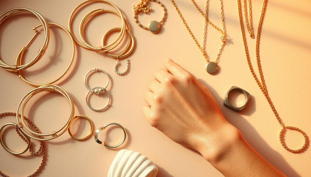 A stylish flat lay showcasing a variety of jewelry metals, focusing on gold, silver, rose gold, and gunmetal. In the foreground, elegantly arranged pieces of jewelry, like bracelets, rings, and necklaces, with a soft, reflective sheen. The middle ground features a hand with a neutral skin tone testing each metal against the skin, emphasizing different undertones. In the background, a subtle gradient of soft colors related to skin tones, creating an inviting atmosphere. The lighting is warm and soft, enhancing the textures of the metals while casting gentle shadows. The image captures a sophisticated and informative mood, emphasizing the importance of choosing the right accessories based on skin undertones. A stylish flat lay showcasing a variety of jewelry metals, focusing on gold, silver, rose gold, and gunmetal. In the foreground, elegantly arranged pieces of jewelry, like bracelets, rings, and necklaces, with a soft, reflective sheen. The middle ground features a hand with a neutral skin tone testing each metal against the skin, emphasizing different undertones. In the background, a subtle gradient of soft colors related to skin tones, creating an inviting atmosphere. The lighting is warm and soft, enhancing the textures of the metals while casting gentle shadows. The image captures a sophisticated and informative mood, emphasizing the importance of choosing the right accessories based on skin undertones.