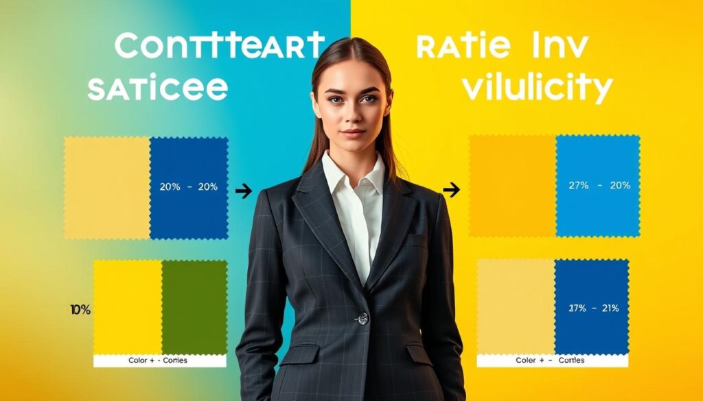 A visually engaging image showcasing the principles of contrast ratio and color theory for brand palette visibility. In the foreground, display a professional model dressed in smart business attire, standing confidently against a vibrant backdrop of contrasting colors – a rich blue and a bright yellow. The model's face should be well-lit, highlighting their expressions, with soft, diffused lighting that emphasizes the harmony of colors around them. In the middle ground, incorporate oversized color swatches demonstrating various contrast ratios, alongside arrows illustrating the relationship between visibility and background colors. The background should be slightly blurred to keep the focus on the model and the color swatches, creating an atmosphere of professionalism and creativity, suitable for an article on branding and fashion integration.