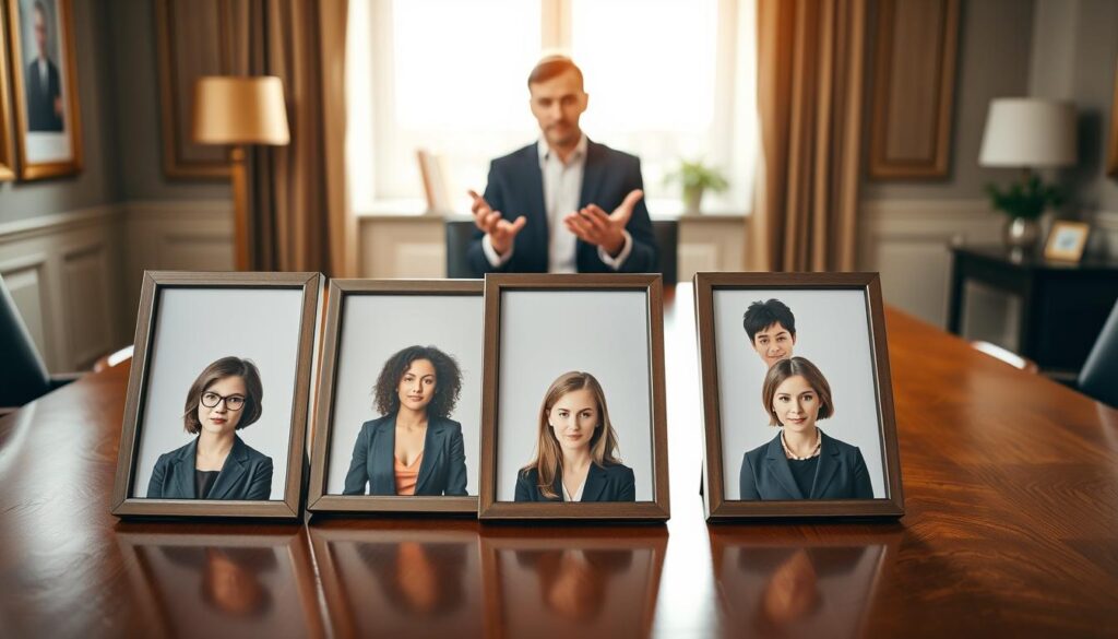 A well-organized selection process for capsule wardrobe headshots featuring a table displaying three shortlisted images of professional individuals. In the foreground, three framed headshot photographs are neatly arranged on a polished wooden table, showcasing diverse individuals in professional business attire, including tailored blazers and subtle, colorful accessories. In the middle ground, a pair of hands can be seen thoughtfully gesturing towards the images, as if discussing their selection. The background features a softly lit office environment, with elegant decor, enhancing a focused and collaborative atmosphere. Natural sunlight streams in through a large window, creating a warm glow that highlights the professionalism of the scene. The overall mood is one of thoughtful decision-making and creativity in personal branding.