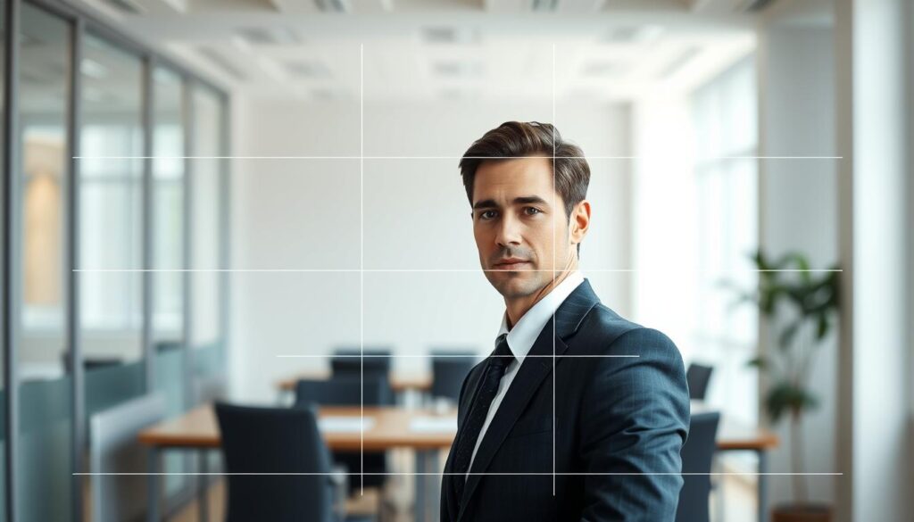 A clear and professional diagram illustrating the rule of thirds for photo cropping, designed for a modern business context. In the foreground, a grid overlay divides the image into thirds, highlighted with subtle, contrasting lines to enhance visibility. The middle section shows a well-composed headshot of a business professional wearing smart attire, positioned dynamically along the grid lines, conveying the importance of composition in photography. The background features a soft-focus office environment, with neutral tones creating a professional atmosphere. Natural lighting illuminates the headshot, with a slight emphasis on the face, showcasing clarity and detail. The overall mood is polished and informative, ideal for a business audience. The image is clean and free from any text or branding elements.