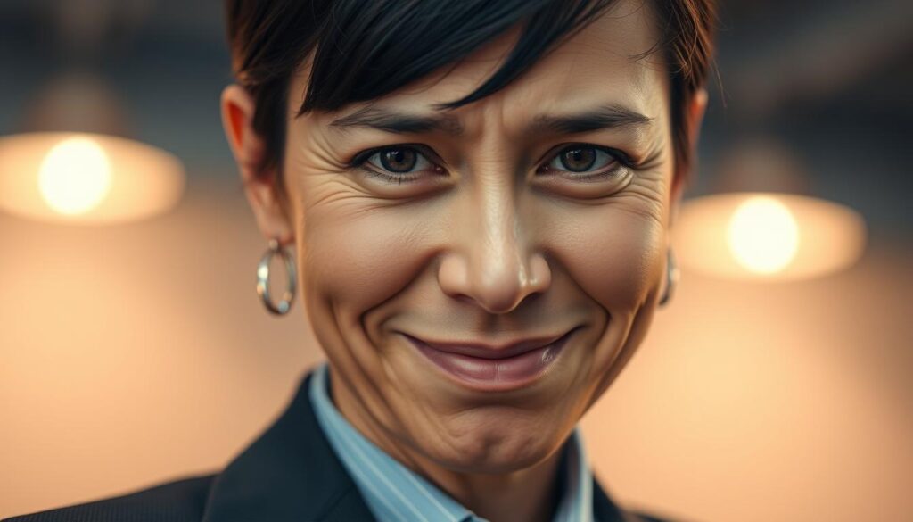 A close-up headshot of a professional adult, emphasizing an expression that conveys discomfort or inauthenticity, illustrating the concept of "fake expressions." The subject, wearing smart business attire, features a slight smile that appears forced or exaggerated. The foreground showcases the subject's face with high detail, including their eyes that lack genuine emotion. The middle layer reveals soft, diffused lighting, creating a warm yet slightly artificial atmosphere. The background is blurred to enhance focus on the facial expression, featuring muted tones that suggest a professional setting. The image is captured using a 50mm lens with a shallow depth of field to emphasize the subtle nuances of the expression, evoking a feeling of contrast between professionalism and authenticity.