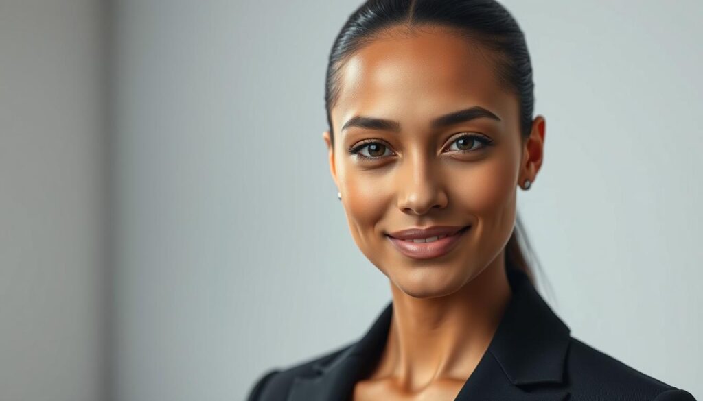 A close-up view of a professional headshot set against a sleek, sophisticated background suitable for business cards. The foreground features a model dressed in a tailored dark blazer, creating a polished look. The middle layer showcases soft, diffused lighting that highlights the model's facial features with a warm, inviting glow. The background should be a subtle gradient of muted colors, such as light gray and soft blue, providing a calm and professional atmosphere. Aim for a shallow depth of field to keep the focus on the model while blurring the background gently. The overall mood is approachable yet authoritative, ideal for modern business contexts, with a focus on professionalism and clarity.