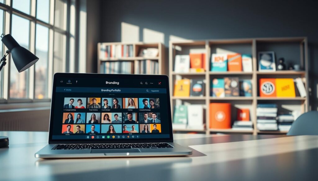 A modern digital workspace showcasing a well-organized branding portfolio. In the foreground, a sleek desk with a laptop displaying a visually appealing online portfolio, colorful thumbnails indicating different professional headshots categorized by purpose (e.g., corporate, creative, social media). In the middle, a stylish bookshelf filled with design books and vibrant brand identity guides, neatly arranged. In the background, a large window allowing soft, natural light to illuminate the scene, casting gentle shadows. The atmosphere is focused and professional, conveying ambition and creativity, with a color palette of blues and greens. The angle captures the entire setup from a slight bird's eye view, emphasizing organization and purpose in branding.