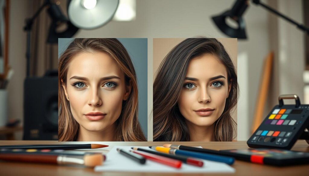 A professional headshot editing workspace featuring a close-up of two images: one unretouched and one retouched, highlighting skin, hair, and eye enhancements. In the foreground, the unretouched image shows subtle blemishes and uneven skin tone, while the retouched image showcases smooth skin, bright eyes, and well-defined hair. The setting is a softly lit studio with natural, diffused lighting to mimic an inviting atmosphere. A high-quality camera lens with a shallow depth of field focuses on the images, creating a blurred background of editing tools such as brushes and palettes. The mood is professional yet approachable, emphasizing the transformation and techniques used in headshot retouching. A professional headshot editing workspace featuring a close-up of two images: one unretouched and one retouched, highlighting skin, hair, and eye enhancements. In the foreground, the unretouched image shows subtle blemishes and uneven skin tone, while the retouched image showcases smooth skin, bright eyes, and well-defined hair. The setting is a softly lit studio with natural, diffused lighting to mimic an inviting atmosphere. A high-quality camera lens with a shallow depth of field focuses on the images, creating a blurred background of editing tools such as brushes and palettes. The mood is professional yet approachable, emphasizing the transformation and techniques used in headshot retouching.