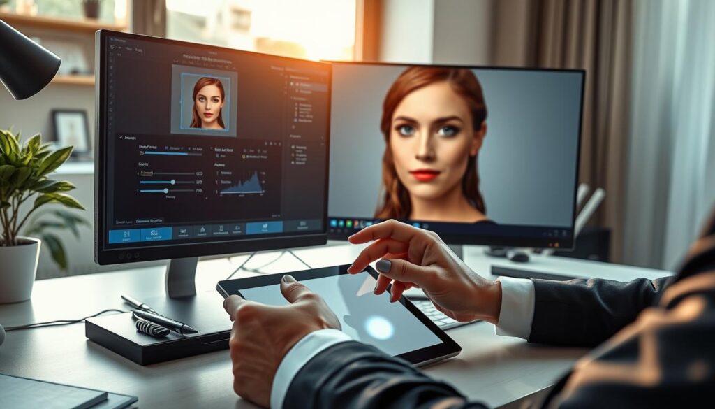A professional headshot editing workspace, featuring a neatly organized desk with editing software open on a sleek computer monitor displaying a close-up of a headshot. In the foreground, a pair of hands gently adjusting the brightness and contrast of the image using a digital tablet. The background includes a soft-focus of natural light streaming through a window, casting a warm glow across the scene. Various editing tools like sliders and brushes are subtly visible on the screen. The atmosphere is focused and serene, emphasizing the importance of subtle retouching techniques. The person editing is dressed in a smart business attire, reinforcing a professional vibe. The overall mood conveys precision and care, highlighting the balance between enhancement and maintaining a natural look. A professional headshot editing workspace, featuring a neatly organized desk with editing software open on a sleek computer monitor displaying a close-up of a headshot. In the foreground, a pair of hands gently adjusting the brightness and contrast of the image using a digital tablet. The background includes a soft-focus of natural light streaming through a window, casting a warm glow across the scene. Various editing tools like sliders and brushes are subtly visible on the screen. The atmosphere is focused and serene, emphasizing the importance of subtle retouching techniques. The person editing is dressed in a smart business attire, reinforcing a professional vibe. The overall mood conveys precision and care, highlighting the balance between enhancement and maintaining a natural look.