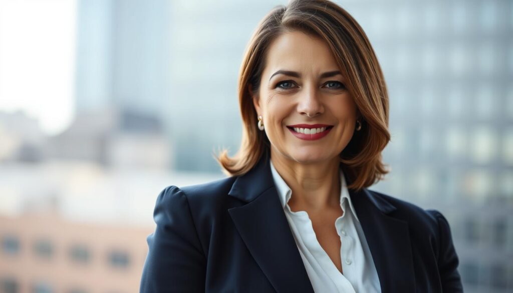 A professional headshot featuring a well-dressed individual, positioned according to the rule of thirds for dynamic composition. The subject, a middle-aged woman with shoulder-length brown hair, is dressed in a tailored navy blazer and a white blouse. Her expression is confident and approachable, embodying professionalism. The lighting is soft and natural, subtly illuminating her face from the left, enhancing her features without harsh shadows. The background is a blurred urban landscape, creating a sense of context without distraction. The focus is tight on her upper body and face, emphasizing clarity and detail suitable for a LinkedIn profile. The overall mood is uplifting and empowering, perfect for conveying a professional persona.