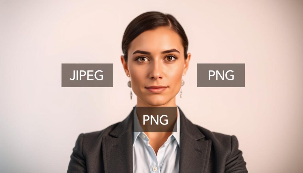 A professional headshot setup illustrating file format dimensions. In the foreground, a well-lit headshot of a person in business attire, with a neutral expression, facing the camera directly. The subject is framed from the shoulders up, occupying the central area of the image. The middle ground includes overlays of file format icons (JPEG, PNG, TIFF) displayed in a sleek, modern design, subtly blended into the background. The background is a soft gradient of light colors, suggesting a clean, professional atmosphere, while soft diffuse lighting creates a professional and inviting mood. The camera angle is straight-on, achieved with a 50mm lens focusing on crisp details without distortion. The overall composition is harmonious, emphasizing the importance of correct sizing and file format in professional headshots.