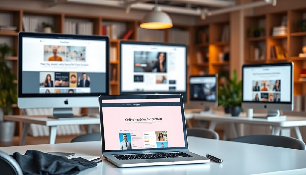 A sleek and modern digital workspace scene depicting various online portfolio platforms on computer screens. In the foreground, a well-organized desk with a laptop showcasing a vibrant online headshot portfolio, surrounded by professional business attire items like a blazer and notepad. The middle ground features additional monitors displaying different portfolio templates and creative layouts, emphasizing the versatility of online platforms. The background is filled with soft-focus elements of a stylish office, such as bookshelves and plants, bathed in warm, inviting lighting. The atmosphere is one of professionalism and ambition, inspiring creativity and focus in the viewer. Use a wide-angle perspective to capture the cooperative energy of this creative environment.