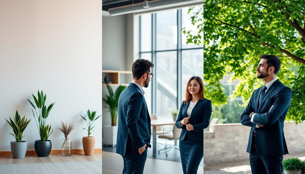A split image showcasing a comparison between three backdrops: on the left, a neutral indoor setting with soft, diffused lighting, featuring a smooth gray wall and natural wood accents, conveying a professional yet inviting feel; in the center, a modern office environment with stylish furniture, large windows allowing vibrant daylight, and subtle decorative plants, enhancing the workplace atmosphere; on the right, an outdoor scene with lush greenery, dappled sunlight filtering through tree leaves, creating a fresh and lively outdoor backdrop. Each section should be distinctly separated yet harmoniously presented, capturing the essence of professionalism. The image has a balanced composition, high-resolution clarity, and a slight depth of field effect to emphasize the foreground while keeping the backgrounds soft but recognizable. The mood is uplifting and versatile, suitable for various professional contexts, depicting individuals dressed in neat business attire engaged in conversation or thoughtfully posed.