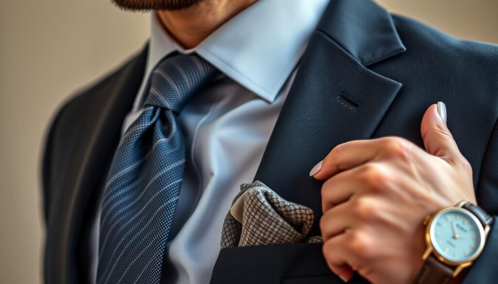 A close-up composition showcasing elegant accessories and grooming details suitable for professional headshots. In the foreground, feature a classic necktie elegantly knotted, a sophisticated pocket square peeking from a tailored blazer, a sleek wristwatch with a refined design, and subtle earrings that complement the attire. Highlight well-groomed nails and neatly styled facial hair that convey professionalism. The middle ground should include blurred hints of a neutral-toned background, emphasizing the accessories without distraction. Use soft, natural lighting to illuminate the textures and details, with a slight bokeh effect to create depth. Capture the scene from a slight overhead angle to enhance visual interest, evoking a sense of trust and sophistication in a polished business atmosphere.