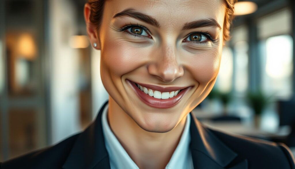 A close-up portrait of a confident person showcasing perfectly defined jawline and subtle micro-expressions. The individual is dressed in professional business attire, exuding poise and approachability. Their face is slightly tilted, illuminated by soft diffused lighting that accentuates facial features and adds a warm glow. In the background, a blurred urban office environment can be seen, enhancing the focus on the subject's facial expressions. The person's eyes convey engagement and warmth, with a genuine smile that radiates confidence. Capture the essence of expert posing techniques through a polished lens effect, creating a refined atmosphere that inspires authenticity and connection. A close-up portrait of a confident person showcasing perfectly defined jawline and subtle micro-expressions. The individual is dressed in professional business attire, exuding poise and approachability. Their face is slightly tilted, illuminated by soft diffused lighting that accentuates facial features and adds a warm glow. In the background, a blurred urban office environment can be seen, enhancing the focus on the subject's facial expressions. The person's eyes convey engagement and warmth, with a genuine smile that radiates confidence. Capture the essence of expert posing techniques through a polished lens effect, creating a refined atmosphere that inspires authenticity and connection.