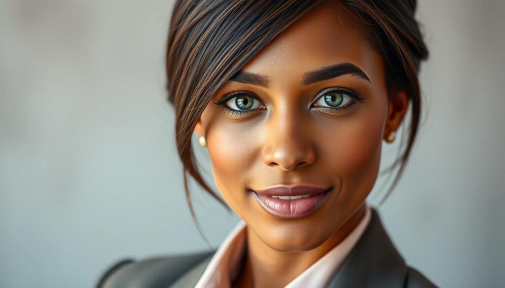 A professional headshot featuring an individual with a harmonious balance of skin tone, hair color, and eye color. The subject has a warm brown skin tone, deep brown hair styled neatly, and striking hazel eyes. They are dressed in elegant business attire—perhaps a tailored blazer with a soft, pastel shirt that complements their complexion. The composition should focus on the subject's upper body against a softly blurred, neutral background that enhances their features without distraction. Utilize soft, diffused lighting to create a flattering, natural look, highlighting the contours of their face while eliminating any harsh shadows. Capture the image from a slightly elevated angle, creating an inviting and approachable atmosphere, perfect for professional use.