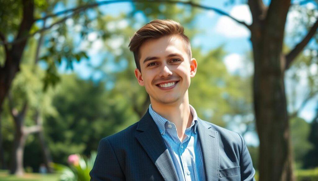 A professional outdoor headshot in natural light, featuring a young adult man in a smart casual outfit, standing confidently in a lush green park. Foreground: the subject’s head and shoulders are sharply focused, showcasing his friendly expression and warm smile. Middle ground: softly blurred trees and plants, creating a harmonious and inviting atmosphere. Background: a bright blue sky with gentle white clouds adds depth, suggesting a beautiful sunny day. The lighting is soft and natural, casting flattering shadows. The image is taken with a 50mm lens at eye level, evoking a sense of openness and approachability, perfect for conveying the essence of personal branding in an outdoor setting.