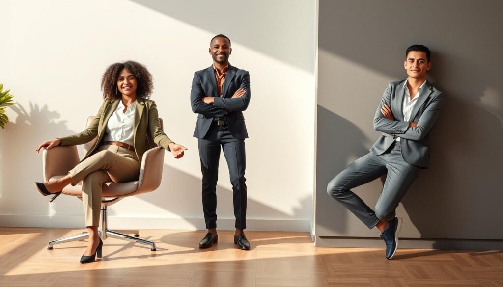 A professional setting showcasing three diverse individuals in various poses: one sitting casually on a modern chair with an open posture, another standing confidently with arms relaxed at their sides, and the last leaning slightly against a stylish wall, displaying a composed yet approachable demeanor. Each person should be dressed in smart business attire or modest casual clothing, reflecting different body types and ethnicities. The lighting is soft and natural, casting gentle shadows to create depth, with the background featuring a minimalist office environment. The focus should be on the dynamic interplay of asymmetry in their poses, conveying a sense of confidence and approachability, while maintaining a harmonious composition. A professional setting showcasing three diverse individuals in various poses: one sitting casually on a modern chair with an open posture, another standing confidently with arms relaxed at their sides, and the last leaning slightly against a stylish wall, displaying a composed yet approachable demeanor. Each person should be dressed in smart business attire or modest casual clothing, reflecting different body types and ethnicities. The lighting is soft and natural, casting gentle shadows to create depth, with the background featuring a minimalist office environment. The focus should be on the dynamic interplay of asymmetry in their poses, conveying a sense of confidence and approachability, while maintaining a harmonious composition.