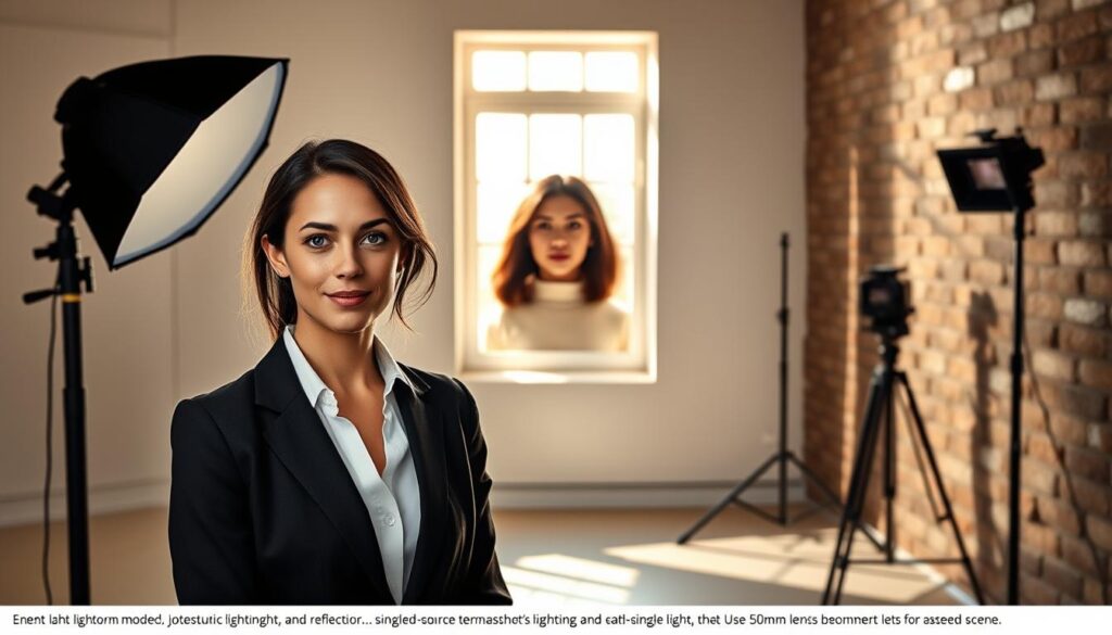A split-scene image illustrating contrasting lighting techniques for headshots. In the foreground, a professional model in business attire poses under soft studio lighting, showcasing a clamshell lighting setup with a key light and reflector creating a gentle, flattering glow. The middle ground features a second model framed by a softly lit single-source window, highlighting natural light's warm, inviting tones. In the background, a strobe lighting setup is visible, casting dramatic shadows on a textured wall, emphasizing contrast. The atmosphere is dynamic yet professional, with a harmonious blend of soft and contrasty light, highlighting the nuances of each headshot style. Use a 50mm lens to capture depth, ensuring an engaging focus on the models while incorporating subtle background details that hint at a studio environment.