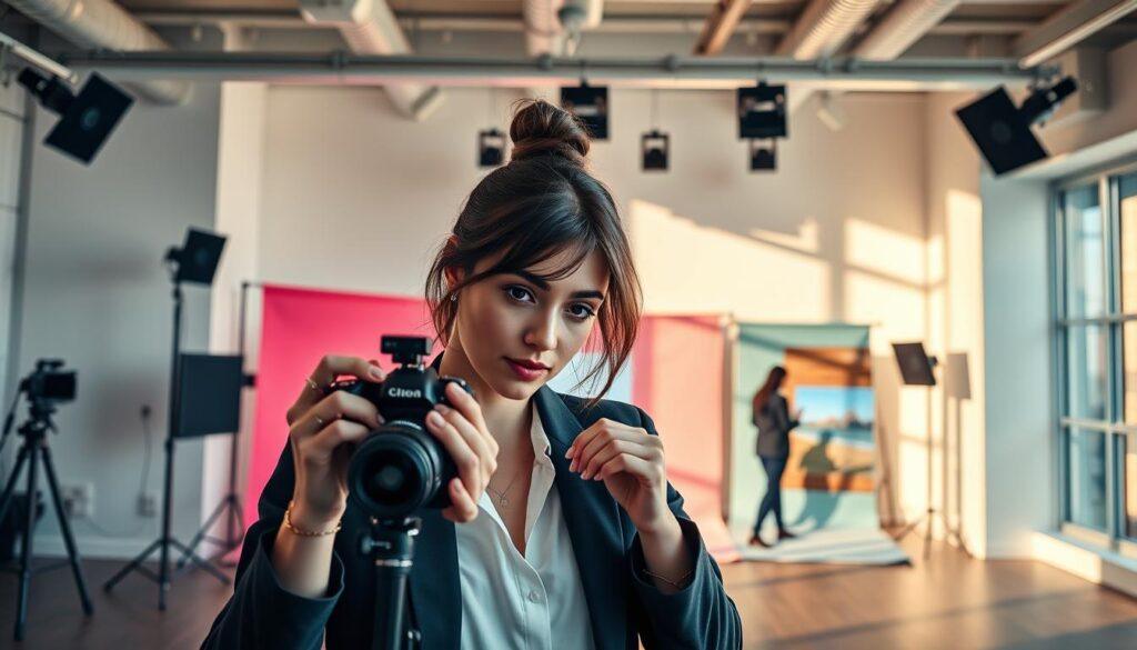 A modern photography studio showcasing a professional female photographer in her element, capturing images for various social media platforms. In the foreground, she focuses intently on her camera, dressed in chic professional attire, her thoughtful expression highlighting her expertise. In the middle, a dynamic setup displays different props and backdrops tailored to various social media aesthetics – bright colors for Instagram, minimalistic for LinkedIn, and vibrant scenes for TikTok. The background features soft lighting that enhances the creative atmosphere, with artful shadows casting intriguing patterns on the walls. A large window allows natural light to flood in, creating a warm and inviting mood. The overall composition conveys a blend of professionalism and creativity, emphasizing a platform-specific photography strategy for entrepreneurs.