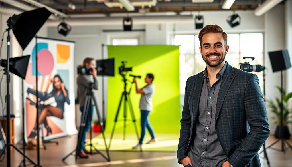 A modern studio setting showcasing personal brand photography trends. In the foreground, a well-dressed entrepreneur poses confidently with a warm smile, wearing a smart blazer and casual shirt, standing beside a stylish setup with professional lighting equipment. The middle layer features another photographer adjusting a camera on a tripod, capturing creative angles and perspectives. The background showcases soft-focus colorful backdrops representing trendy design elements, with soft natural light streaming through large windows. The atmosphere is inviting and inspiring, with a sense of professionalism and innovation. This composition contrasts sharp, engaging portraits with airy, elegant decor, reflecting the evolution of branding photography while steering clear of outdated styles.