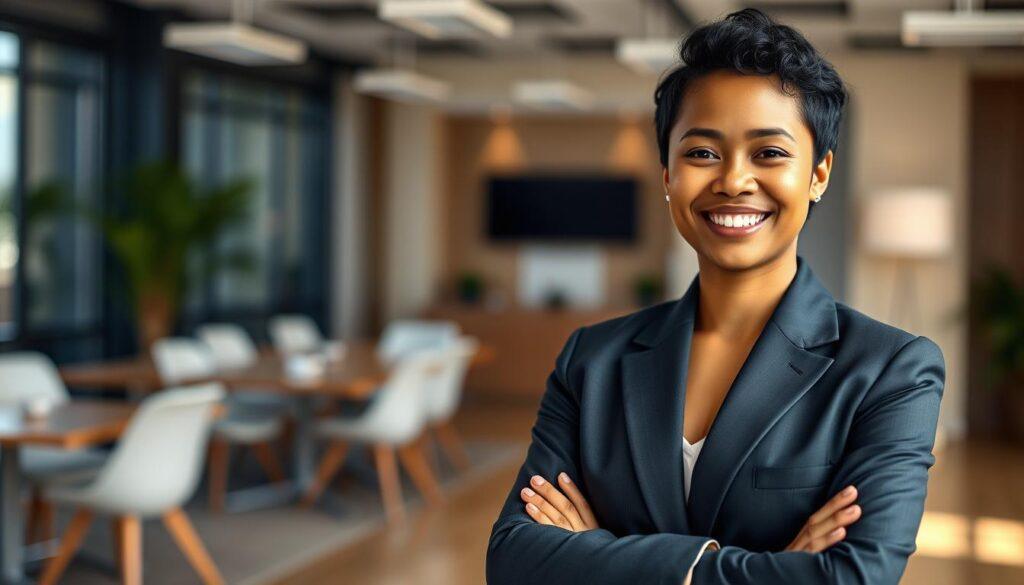 A professional business headshot guide featuring a diverse individual in formal business attire, confidently posing for a photograph. In the foreground, the subject stands with a slight tilt of the shoulders, arms relaxed at the sides, and a warm, approachable smile. The middle section showcases the background of a modern office setting with soft-focus furnishings, hinting at a dynamic workspace environment. Utilize soft, diffused natural lighting from the left to enhance the subject’s facial features while creating gentle shadows for depth. The camera angle is slightly above eye level, capturing a flattering perspective. Aim for a polished, professional atmosphere that conveys confidence, approachability, and expertise, perfect for aspiring entrepreneurs in search of effective headshot techniques. A professional business headshot guide featuring a diverse individual in formal business attire, confidently posing for a photograph. In the foreground, the subject stands with a slight tilt of the shoulders, arms relaxed at the sides, and a warm, approachable smile. The middle section showcases the background of a modern office setting with soft-focus furnishings, hinting at a dynamic workspace environment. Utilize soft, diffused natural lighting from the left to enhance the subject’s facial features while creating gentle shadows for depth. The camera angle is slightly above eye level, capturing a flattering perspective. Aim for a polished, professional atmosphere that conveys confidence, approachability, and expertise, perfect for aspiring entrepreneurs in search of effective headshot techniques.