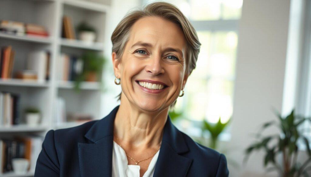 A professional business headshot of a life coach undergoing a makeover, showcasing a warm yet confident demeanor. In the foreground, a middle-aged individual with a welcoming smile, wearing a tailored navy blazer, white shirt, and subtle accessories, exudes professionalism. The background softly blurs a serene office setting with bookshelves and plants, enhancing the feeling of tranquility. Natural light spills in from a window, casting gentle highlights on the subject's face. Use a slight upward angle to capture their engaging expression, conveying approachability and expertise. The overall mood is uplifting and inspiring, reflecting the transformative power of a polished professional image. No text or logos present. A professional business headshot of a life coach undergoing a makeover, showcasing a warm yet confident demeanor. In the foreground, a middle-aged individual with a welcoming smile, wearing a tailored navy blazer, white shirt, and subtle accessories, exudes professionalism. The background softly blurs a serene office setting with bookshelves and plants, enhancing the feeling of tranquility. Natural light spills in from a window, casting gentle highlights on the subject's face. Use a slight upward angle to capture their engaging expression, conveying approachability and expertise. The overall mood is uplifting and inspiring, reflecting the transformative power of a polished professional image. No text or logos present.