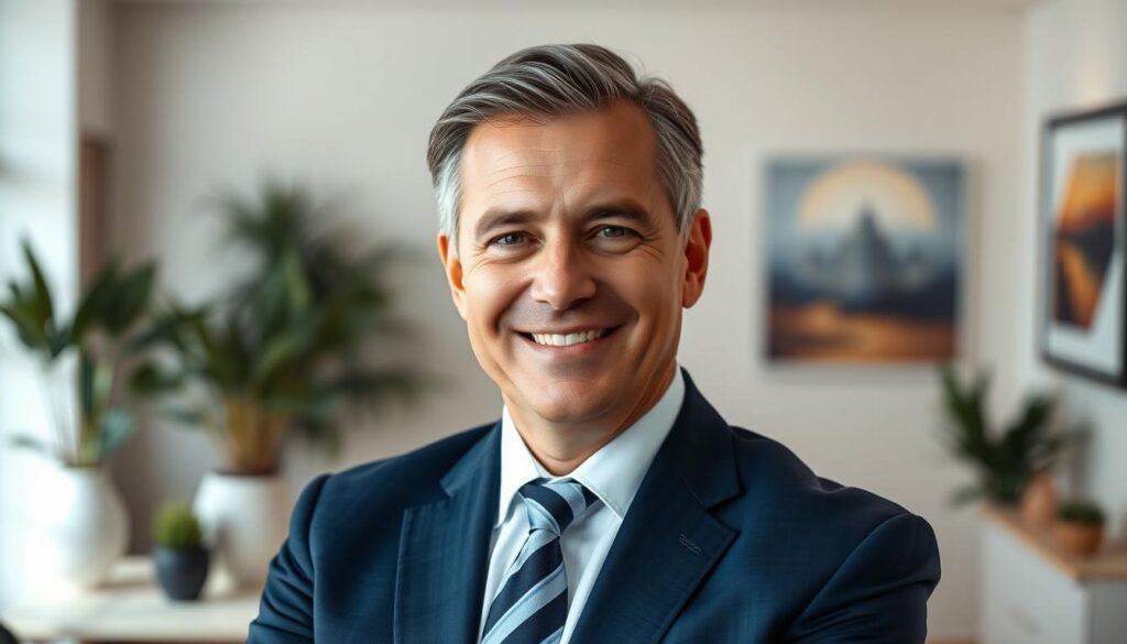 A professional consultant transformation in an executive headshot setting. In the foreground, a confident middle-aged man dressed in a tailored navy suit, white shirt, and subtle striped tie, exuding approachability and authority. His hair is neatly styled, and he wears a warm, genuine smile, projecting both competence and openness. The middle ground features a softly focused office environment, adorned with elegant, minimalist decor, including plants and modern artwork on the walls, suggesting sophistication without clutter. The background is a soft gradient of warm colors, enhancing the mood of professionalism and success. Soft, natural lighting illuminates the consultant's face, creating a welcoming atmosphere, with a slight bokeh effect to emphasize the subject. The composition should be a head-and-shoulders shot, captured from a slightly lower angle to enhance the subject's presence and impact. A professional consultant transformation in an executive headshot setting. In the foreground, a confident middle-aged man dressed in a tailored navy suit, white shirt, and subtle striped tie, exuding approachability and authority. His hair is neatly styled, and he wears a warm, genuine smile, projecting both competence and openness. The middle ground features a softly focused office environment, adorned with elegant, minimalist decor, including plants and modern artwork on the walls, suggesting sophistication without clutter. The background is a soft gradient of warm colors, enhancing the mood of professionalism and success. Soft, natural lighting illuminates the consultant's face, creating a welcoming atmosphere, with a slight bokeh effect to emphasize the subject. The composition should be a head-and-shoulders shot, captured from a slightly lower angle to enhance the subject's presence and impact.