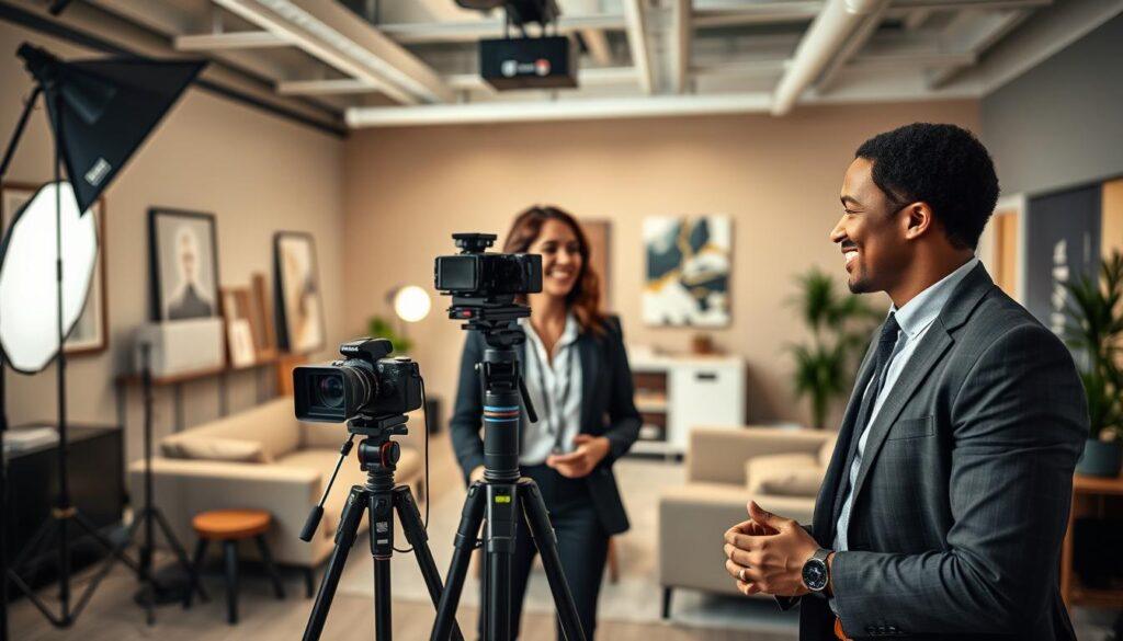 A professional photographer's studio, highlighting a client consultation scene. In the foreground, a diverse business consultant wearing smart casual attire is engaged in conversation, showcasing open body language and a warm smile. The middle ground features a sleek camera setup on a tripod, with softbox lighting creating a flattering glow. The background is subtly blurred, showcasing a well-organized studio environment with neutral colors, elegant furniture, and branding materials. Use a wide-angle lens effect to capture the depth of the space, enhancing the inviting atmosphere. The mood is collaborative and inspiring, emphasizing the psychology of business photography as the consultant connects with their client, embodying professionalism and approachability.