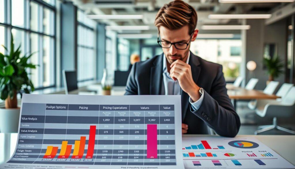 A sophisticated budget investment analysis table displayed in a well-lit, modern office environment. In the foreground, the table features neatly organized columns with headings such as "Package Options," "Pricing Expectations," and "Value Analysis," filled with colorful bar charts and pie graphs illustrating data insights. In the middle ground, a professional business person, dressed in a smart blazer and shirt, thoughtfully reviewing the table, their face showing focus and determination. The background includes sleek office furniture and large windows allowing natural light to filter in, creating an energetic yet professional mood. The overall atmosphere is vibrant and inspiring, inviting the viewer to engage with the concept of financial planning for headshot photography investments. A sophisticated budget investment analysis table displayed in a well-lit, modern office environment. In the foreground, the table features neatly organized columns with headings such as "Package Options," "Pricing Expectations," and "Value Analysis," filled with colorful bar charts and pie graphs illustrating data insights. In the middle ground, a professional business person, dressed in a smart blazer and shirt, thoughtfully reviewing the table, their face showing focus and determination. The background includes sleek office furniture and large windows allowing natural light to filter in, creating an energetic yet professional mood. The overall atmosphere is vibrant and inspiring, inviting the viewer to engage with the concept of financial planning for headshot photography investments.